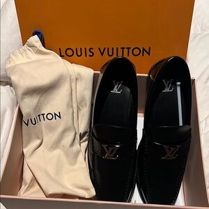 Louis Vuitton Black Leather Loafers with Signature Monogram